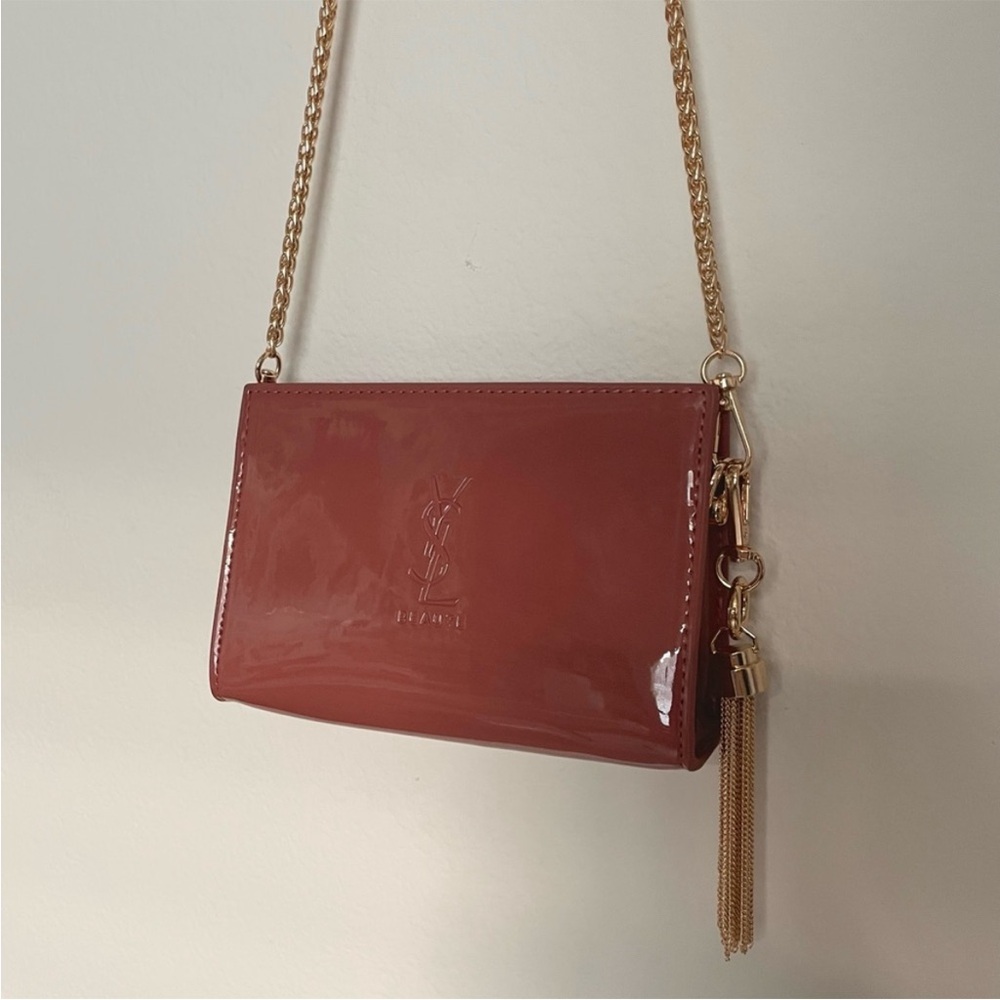 Yves Saint Laurent patent Glossy Red Brown Bag purse gold chain tassel rare logo